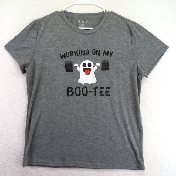 Shein T Shirt Womens Size XL Gray Weight Lifting Ghost Working On My Boo Tee - Picture 1 of 7